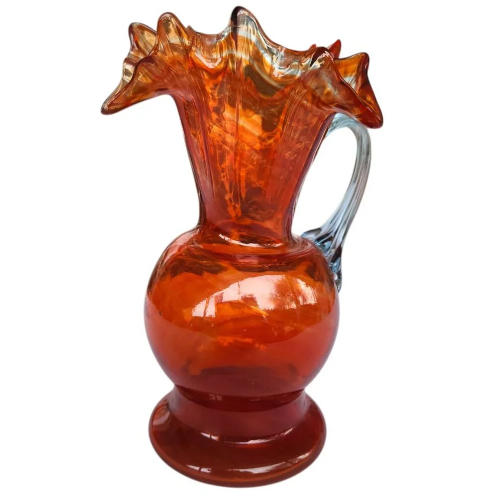 Vintage Fenton Orange Swirl Ruffled Fluted Pitcher Vase 7” x 3” Blue Tint Handle